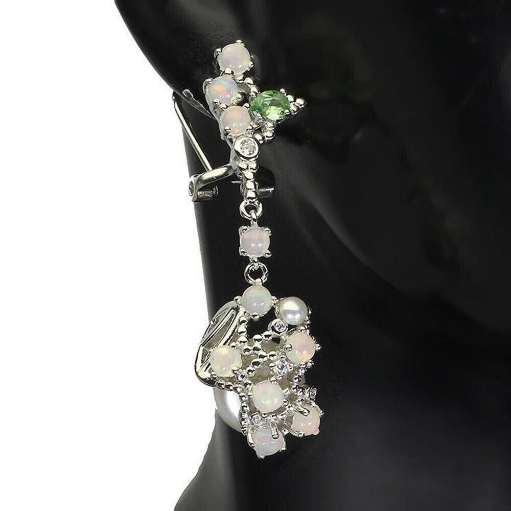 Tsavorite & Fire Opal & Pearl 925 Sterling Silver Earrings